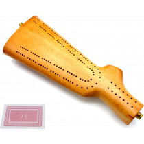 Rifle-butt cribbage board.